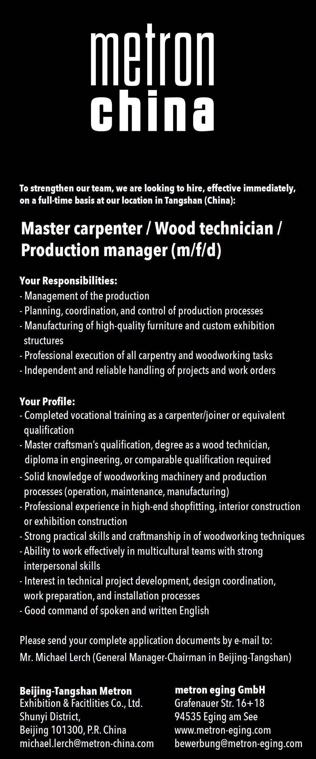 Master carpenter / Wood technician / Production manager (m/f/d)